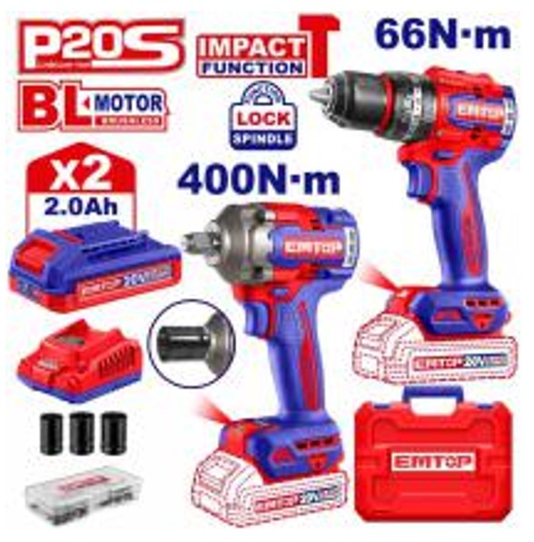 ECKL20275, Cordless 2 pcs combo kit - 20V, Brushless Professional Cordless Power Tool with Battery Charger Kit